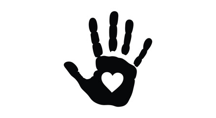 A striking black silhouette of a handprint features a white heart shaped cutout in the palm high quality professional