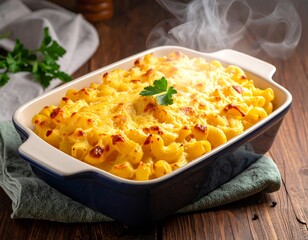 A steaming hot macaroni and cheese dish (1)