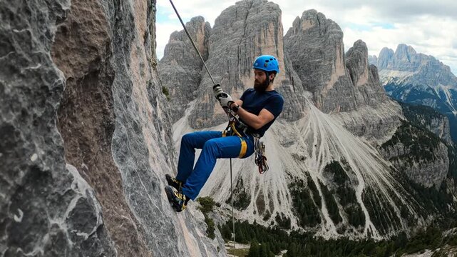 Man rappelling down a steep mountain face with rocky cliffs and green trees in the background, a thrilling adventure activity