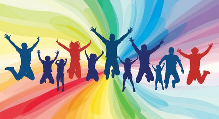Joyful People Jumping in the Air with Rainbow Background, Celebrating Happiness