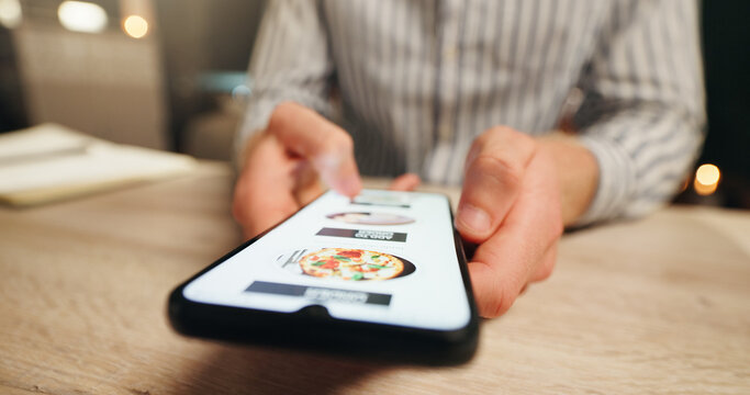 Person, hands and phone screen with food menu for online order, cuisine option or selection. Closeup, customer or scrolling with mobile smartphone display or UI for meal, delivery app or restaurant