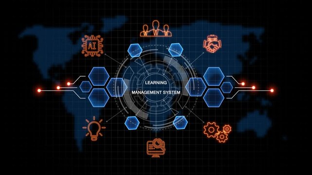Technology learning management system icon animation. Business glowing neon concept. Employee learning management system help to get the best human resources. 4k animation 