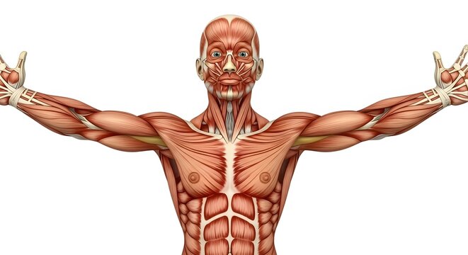 An anatomical medical illustration of the upper body muscular system, featuring a detailed view of the facial muscles, pectoralis major, deltoids, and biceps on a white background.