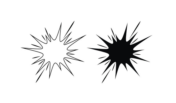 Two black explosion burst shapes in line art and solid fill on isolated for comic book effects