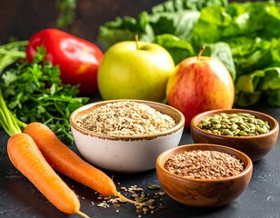 A vibrant arrangement of fresh vegetables, fruits, and grains on a dark surface