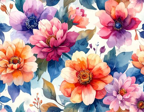 Watercolor floral pattern with vibrant flowers and blue leaves on white background.