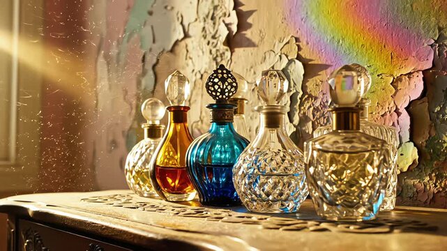 A sunbeam illuminates floating dust over vintage perfume bottles on a dresser, with a rainbow reflecting on a rustic, peeling wall