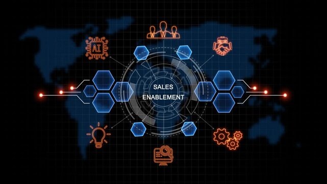 Technology sales enablement icon animation. Business glowing neon concept. Employee sales enablement help to get the best human resources. 4k animation 
