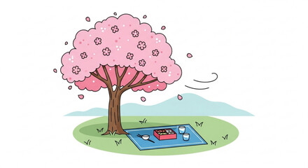 Pink Cherry Blossom Tree with Falling Petals and Blue Tablet on Grassy Hill