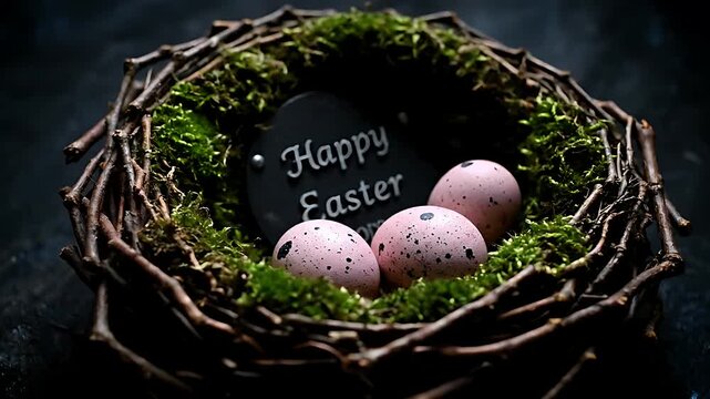 Three speckled pink easter eggs resting in a rustic twig nest lined with vibrant green moss, featuring a small happy easter sign centerpiece for spring celebrations.