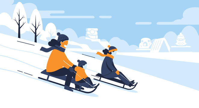 A cheerful flat design illustration captures a family happily enjoying a sled ride on a snowy slope near the Sapporo Snow Festival grounds, conveying the joy of winter outdoor activities. 