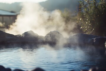 Steaming Hot Spring Surrounded by Rocks and Foliage
