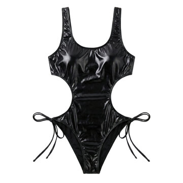 Shiny black latex one piece swimsuit with cutouts