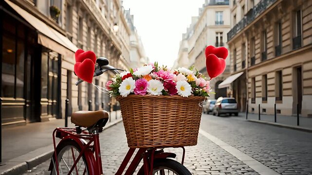Charming vintage red bicycle with a wicker basket full of colorful flowers parked on a cobblestone street captures romantic European travel allure.