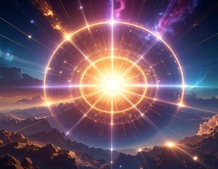 A vibrant, glowing portal in a celestial landscape with mountains