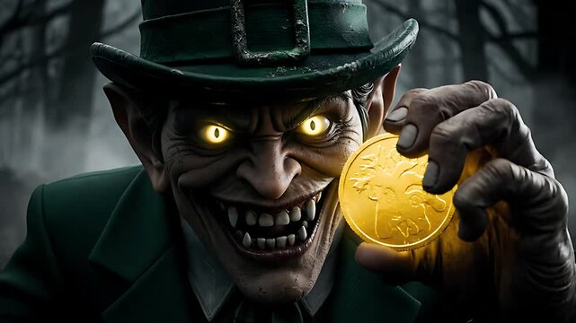 Sinister leprechaun figure in a green suit and top hat gleefully displays a glowing golden coin with sharp, menacing teeth and bright, eerie, yellow glowing eyes.