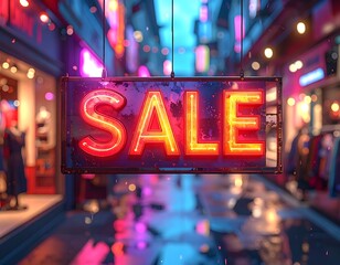 A vibrant neon sale sign hangs in a blurred shopping mall corridor