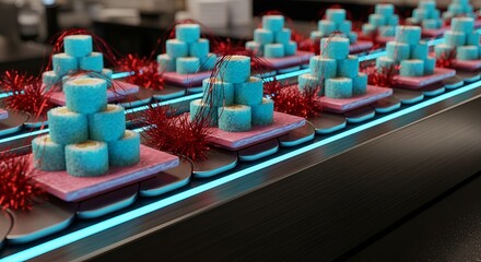 Modern presentation of blue sushi rolls stacked on pink platters, adorned with festive red tinsel,