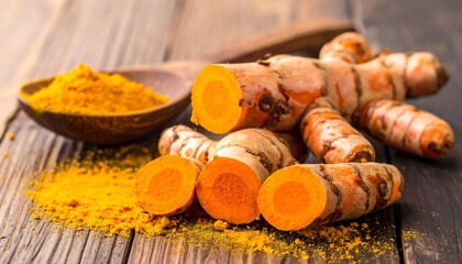 A vibrant orange spice and its roots on a wooden table