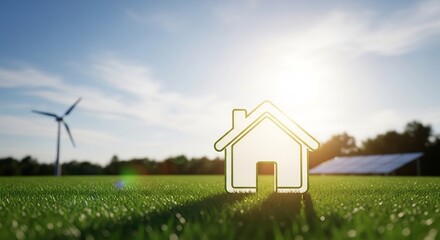 Eco-friendly house with renewable energy sources in a green meadow