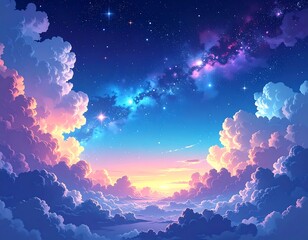 A vibrant, starry night sky with colorful clouds at sunset