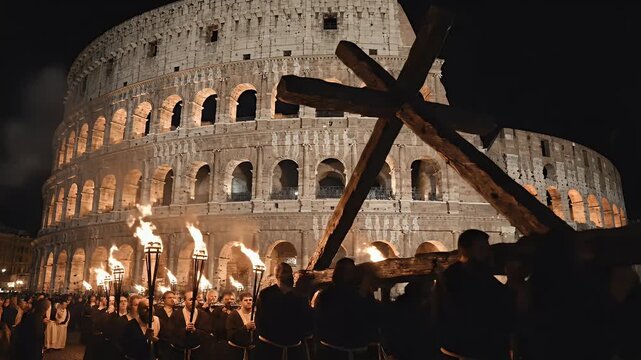 Via Crucis Rome Silhouette Wooden Cross by Colosseum at Night