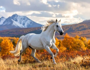 A white horse runs freely in a field