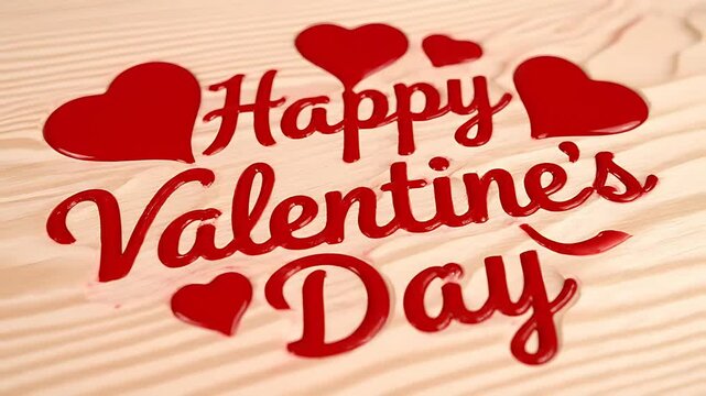 Vibrant, glossy red liquid artfully forms the celebratory phrase "happy valentine's day" complete with charming heart shapes on a light wooden surface texture.