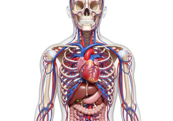 Anatomical illustration showing the human circulatory system including the heart, major blood vessels, and skeletal structure isolated on transparent background