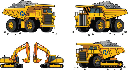 Mining dump truck and excavator illustration set, heavy construction machinery vehicles, industrial earthmoving equipment, isolated vector © VectoBloom