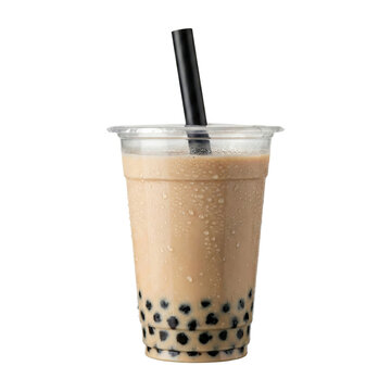Iced bubble milk tea in plastic cup with straw