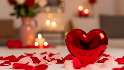 Valentine's day decorations with red heart candles and rose petals
