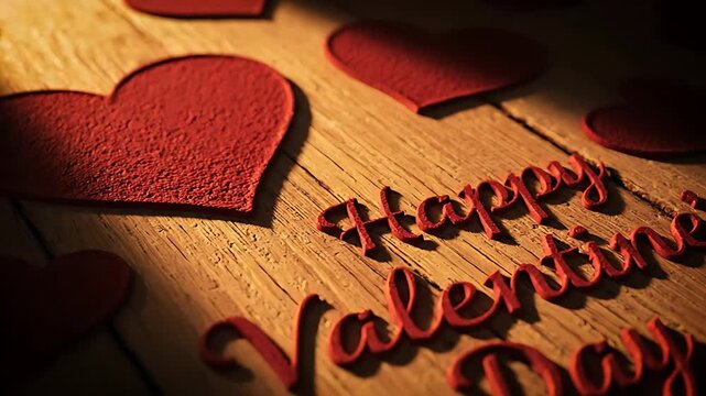 Close-up perspective of rich red, textured heart shapes scattered across warm wooden planks alongside sculpted "Happy Valentine's Day" lettering bathed in dramatic, low-angle natural sunlight.