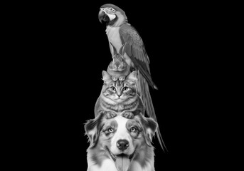 Black and white portrait of a stacked group of domestic and exotic pets including a dog, cat, and macaw parrot posing patiently against a solid black background
