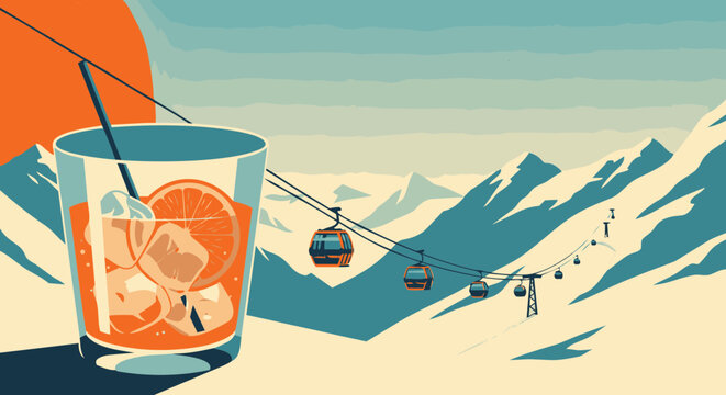 Large cocktail glass with orange slice standing in front of snowy alpine mountains and ski cable cars in a clean retro poster style with textured grain and copy space for winter tourism