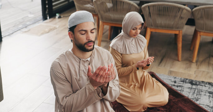 Muslim, family and prayer for faith with worship, salah and routine with Islam belief in home. Respect, devotion and Islamic people kneeling in house for gratitude, trust in God or Allah for religion
