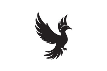 Obraz premium Phoenix bird in black silhouette rising on white background with majestic wings