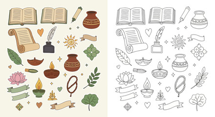 A collection of traditional Indian cultural and religious symbols, including books, scrolls, oil lamps, lotus flowers, and writing tools, presented in both colored and outline versions.