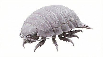 Obraz premium A detailed, high-resolution macro photograph of a grey woodlouse, showcasing its segmented body, legs, and antennae on a white background.