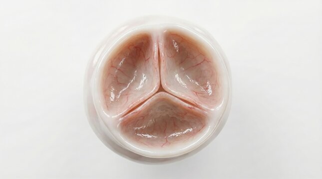Close-up view of a biological valve with three cusps, likely a heart valve, against a white background.