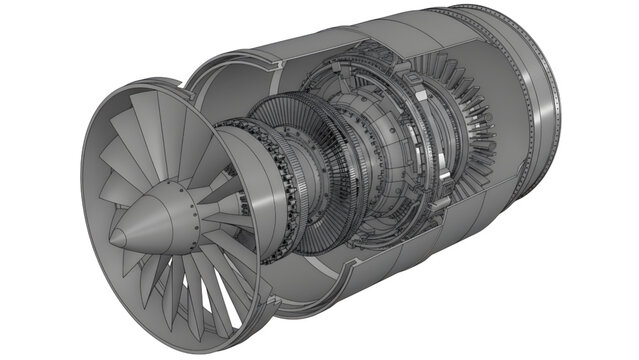 Jet Turbine Engine Realistic Exploded Cutaway View with Internal Components Low Light Render