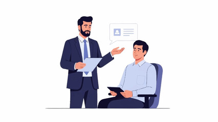 A professional man in a suit explains information to a seated colleague holding a tablet during a business meeting.