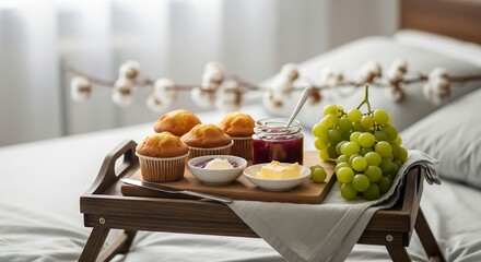 a breakfast board on a messy but cozy bed tray. Featuring muffins, butter, jam, and a bunch of green grapes. A subtle garland of soft cotton blossoms in the background. Soft, hazy morning light.