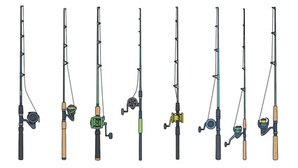 A collection of fishing rods with reels on a white background