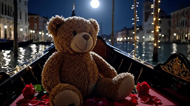 Adorable fluffy brown teddy bear sits inside a dark, ornate gondola decorated with glowing string lights and romantic red rose petals.