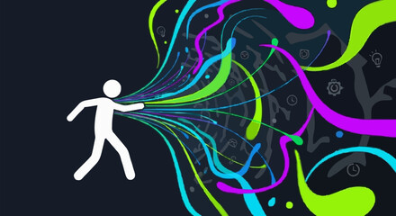 Abstract colorful energy stream emanating from a stylized human figure. © milah