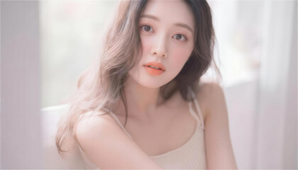 Naklejka premium 柔らかい光に包まれた若い女性、ウェーブヘアとベージュのトップス