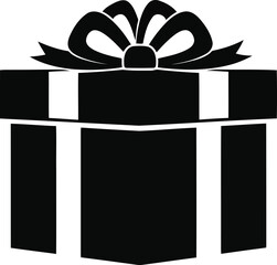 Fototapeta premium Simple black silhouette of a gift box with a prominent bow on top and decorative ribbon on transparent background