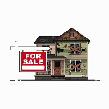Dilapidated House with For Sale Sign Awaiting Renovation Opportunity