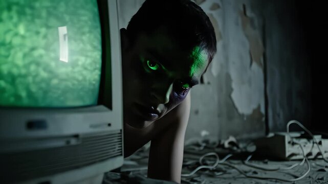 Creepy man with glowing green eyes peering from behind vintage CRT monitor displaying static noise in abandoned smoky room